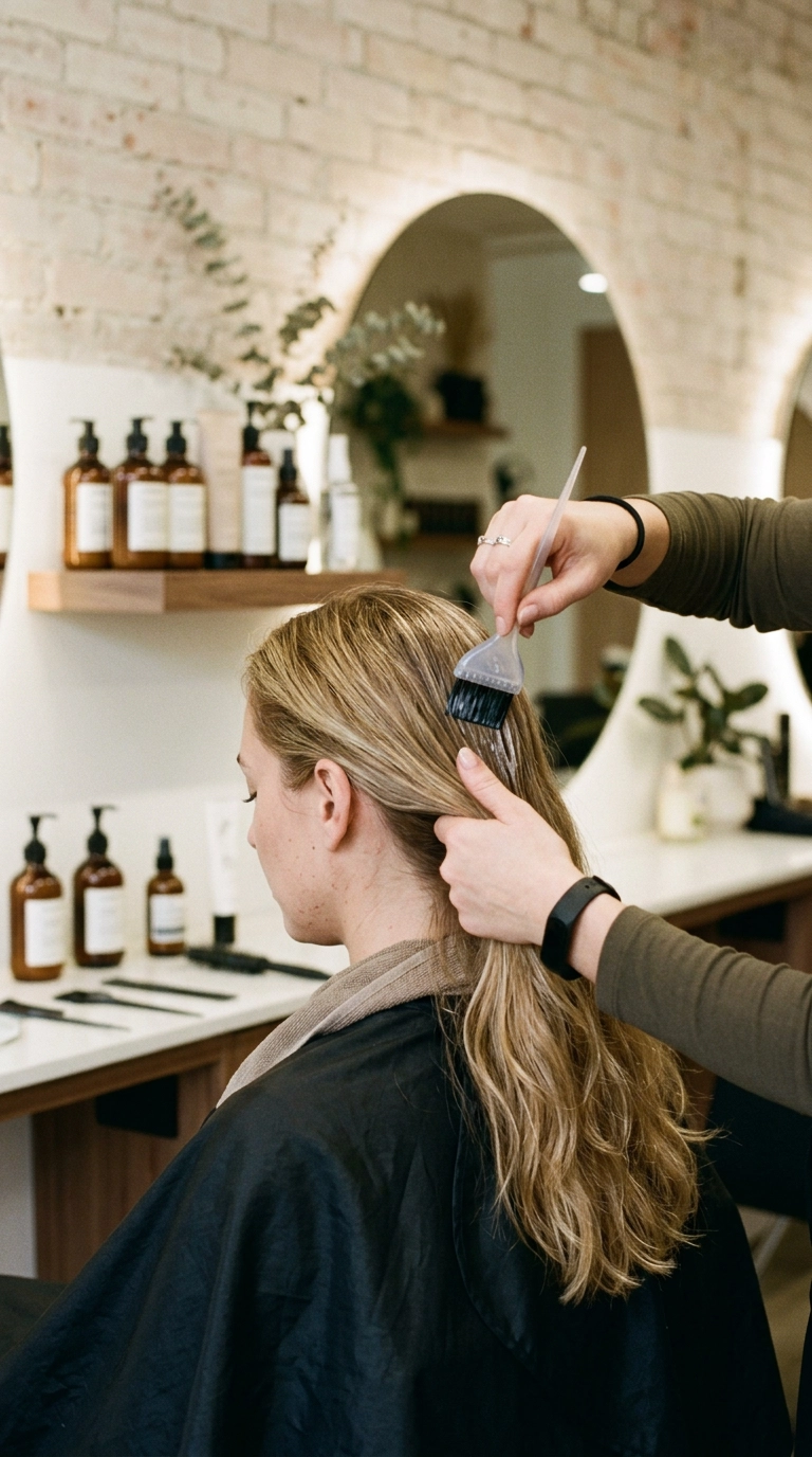 A 9:16 vertical shot of a high-end hair salon interior, a stylist's hand applying a clear gloss treatment to a model's long layered hair, soft focus on luxury hair products on a shelf, photorealistic, Nano Banana style, 35mm lens, clean minimalist aesthetic.