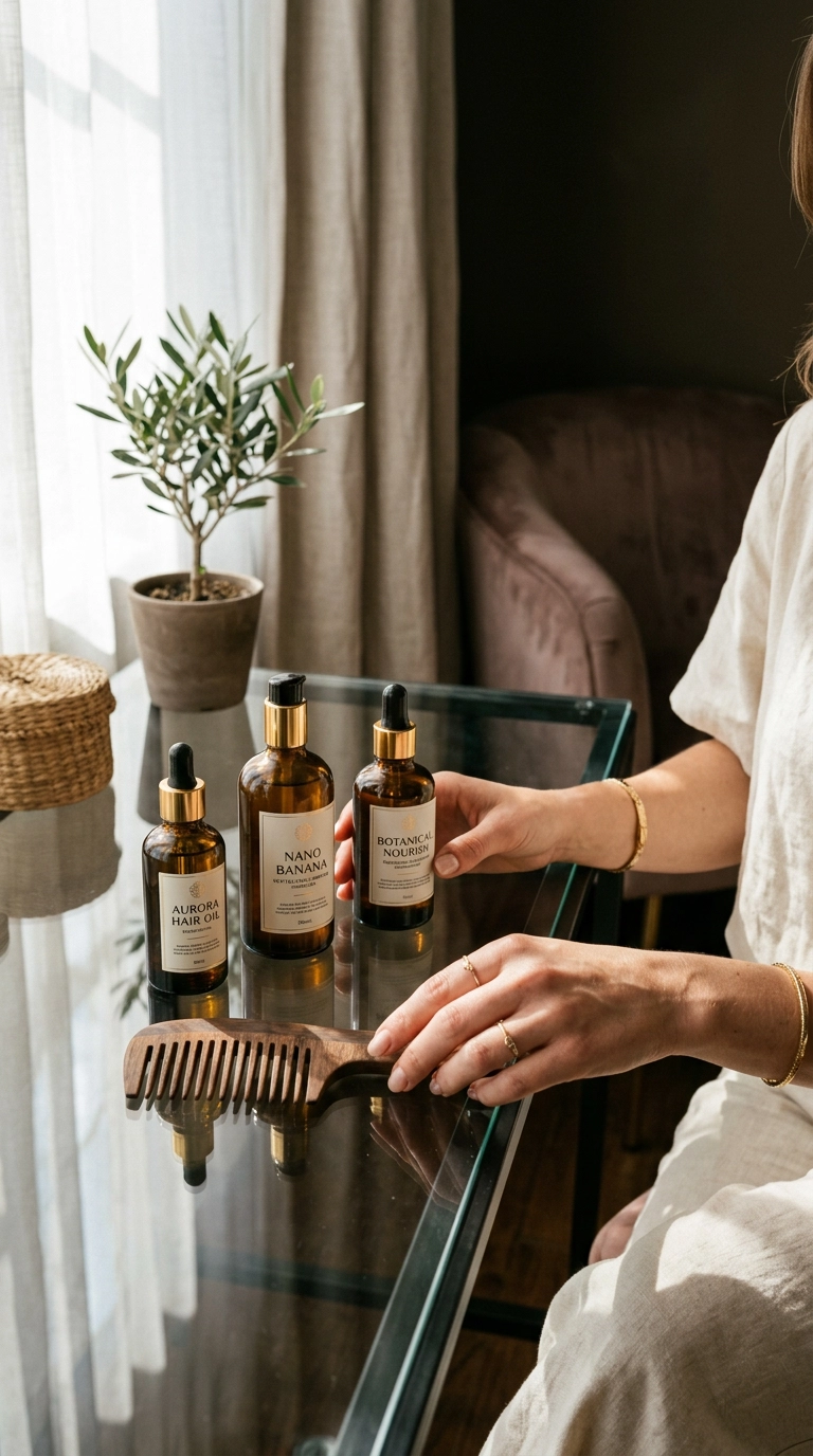 A close-up editorial shot of a glass vanity table. Several high-end, amber-colored hair oil bottles and a wooden wide-tooth comb are arranged neatly. Soft sunlight filters through a nearby window. Nano Banana style, photorealistic, 35mm lens, 9:16 ratio.