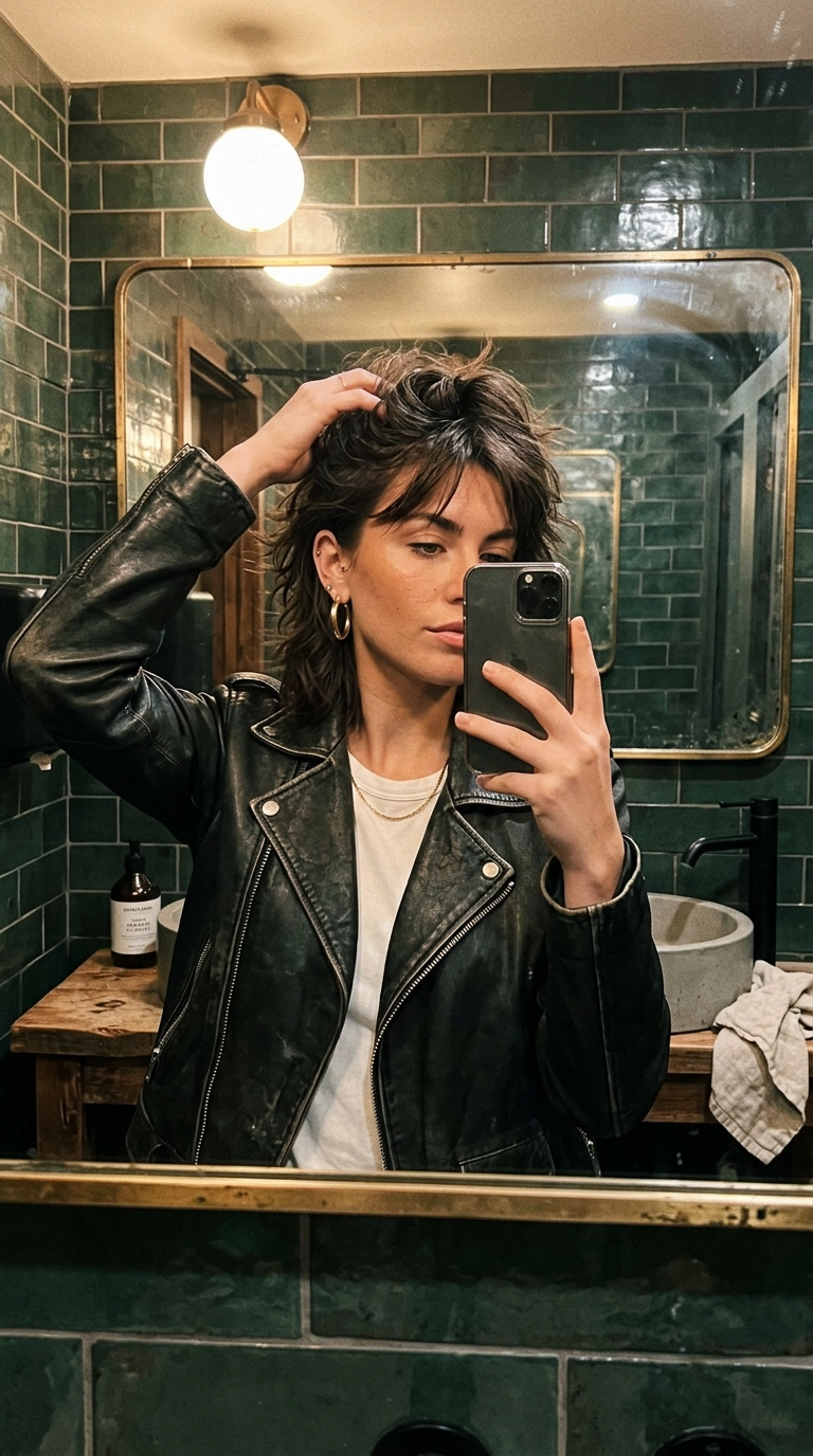 A mirror selfie in a trendy cafe restroom. A woman is adjusting her hair, showing off the messy, textured layers of her wolf cut. She wears a leather jacket and gold hoops. Soft lighting, ultra-realistic, photorealistic, 9:16 ratio.
