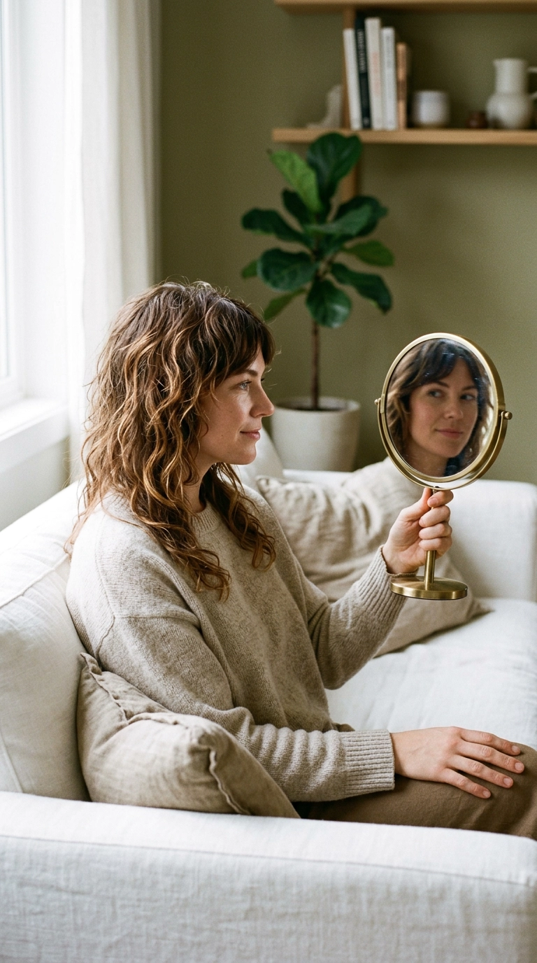 A woman sitting on a white linen sofa, her hair reflecting the soft afternoon light. She is looking at her reflection in a hand mirror, admiring her wavy wolf cut. Photorealistic, editorial aesthetic, 35mm lens, 9:16 ratio.