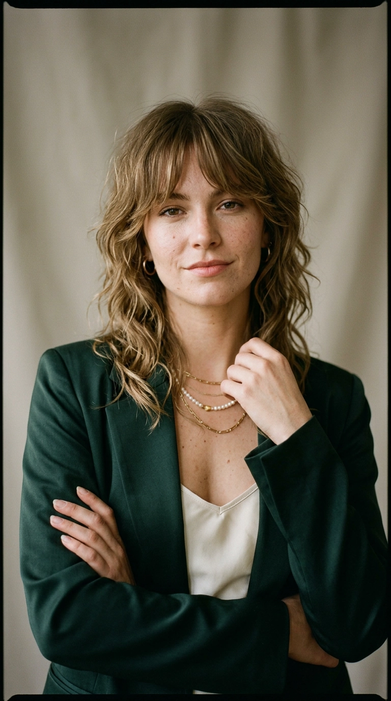 A luxury studio portrait of a woman with a wavy wolf cut. She is looking directly at the camera with a confident expression. Her hair is perfectly styled with soft, feathery fringe. Shot on 35mm lens, Nano Banana style, soft lighting, 9:16 ratio.