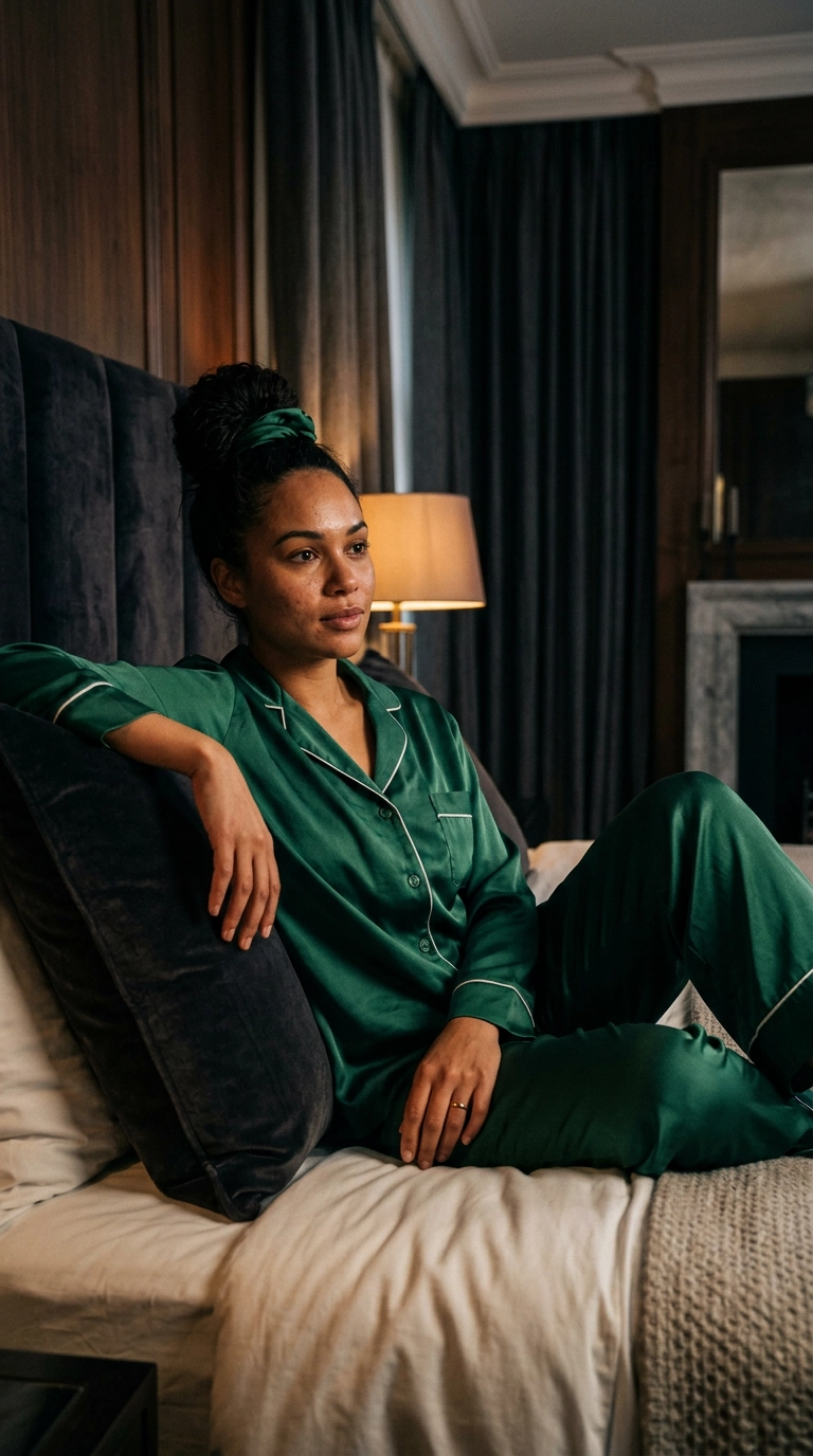 A luxury bedroom scene. A woman with her hair in a "pineapple" style on top of her head is wearing silk pajamas. She is leaning against a headboard. Soft, moody evening lighting, photorealistic, 9:16 ratio.