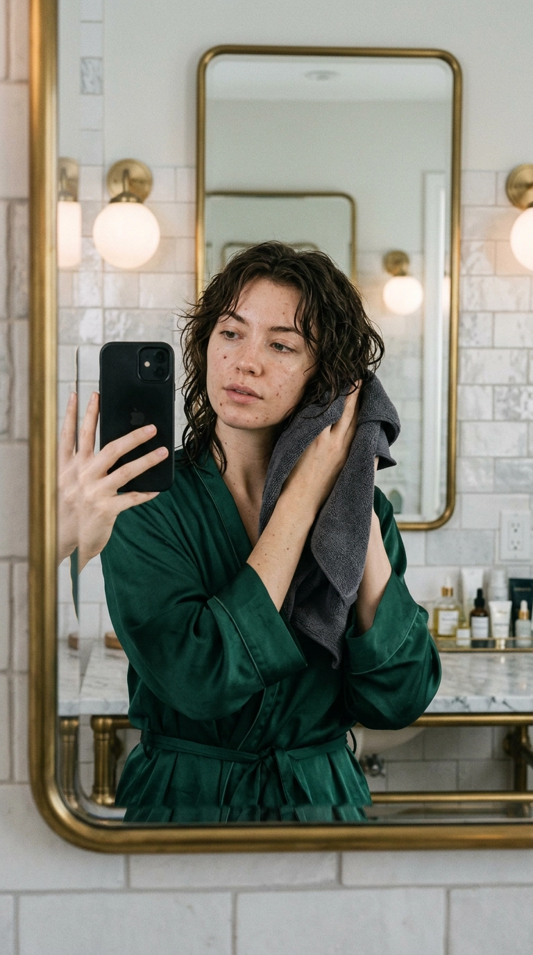 A luxury mirror selfie of a woman in a silk robe, her wolf cut hair is damp and she is gently scrunching it with a microfiber towel. Photorealistic, 9:16 ratio, Nano Banana style, shot on 35mm lens, soft bathroom lighting, editorial aesthetic, authentic skin texture.