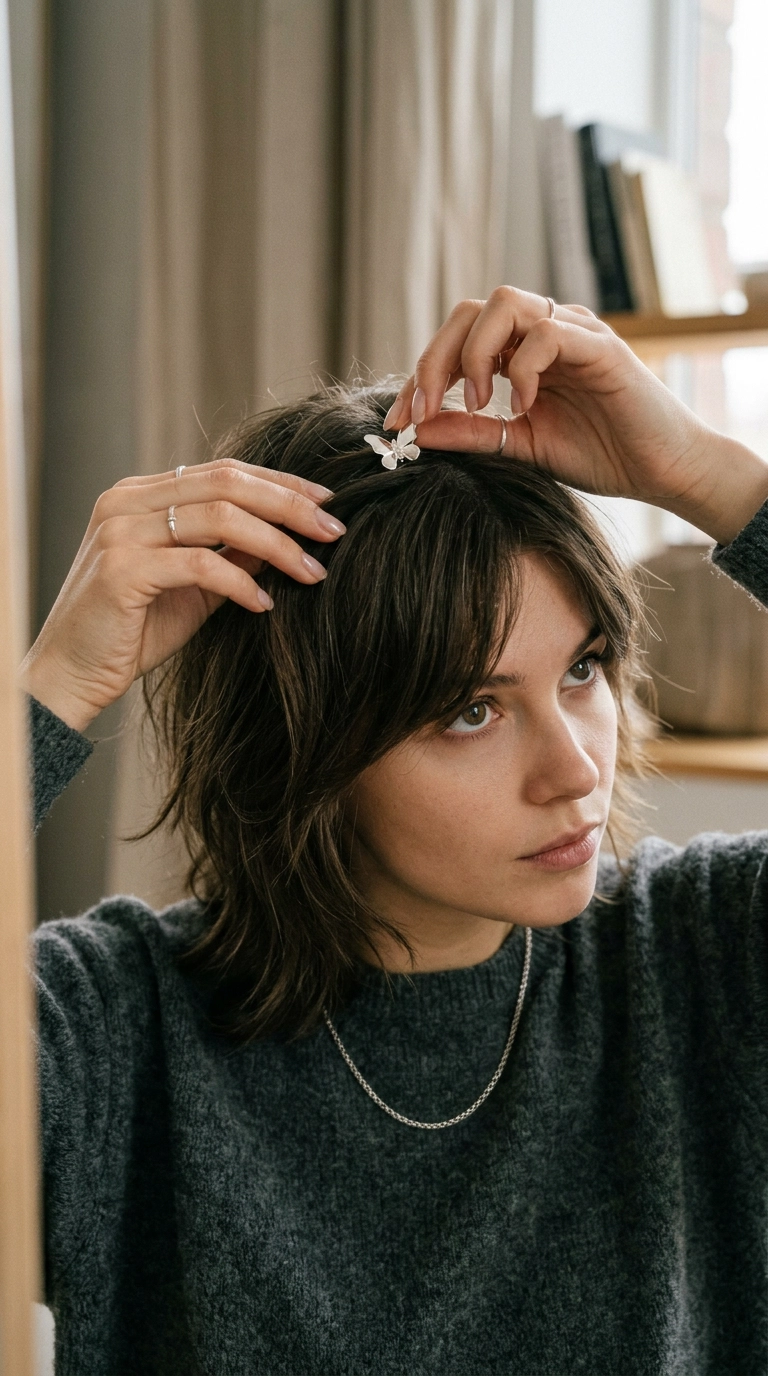 Close-up editorial shot of a woman's hands using small silver clips to pin the crown layers of her wolf cut. Photorealistic, 9:16 ratio, Nano Banana style, shot on 35mm lens, soft lighting, luxury aesthetic, detailed hair texture.