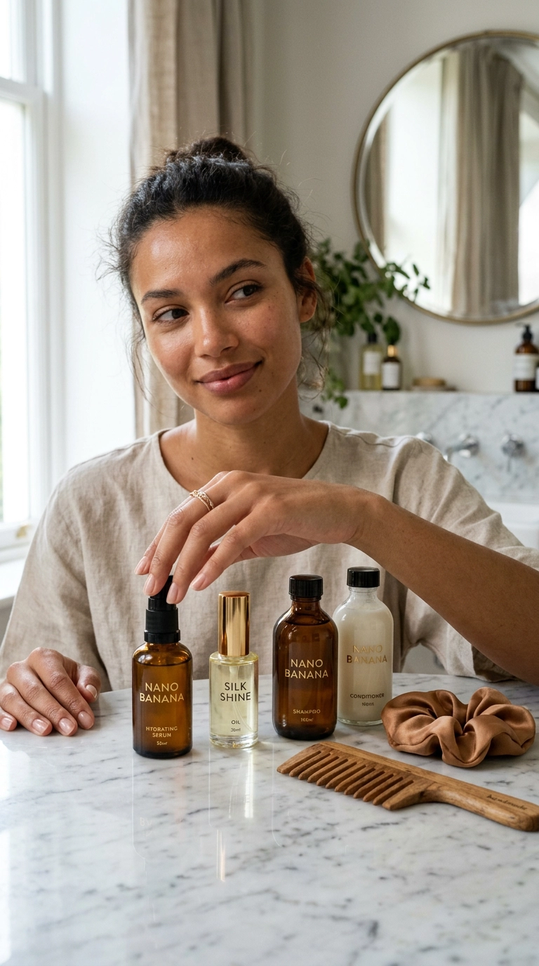 A curated editorial display of glass hair product bottles, a wide-tooth wooden comb, and a silk scrunchie on a marble vanity. Photorealistic, 9:16 ratio, Nano Banana style, shot on 35mm lens, soft editorial lighting, luxury beauty aesthetic.