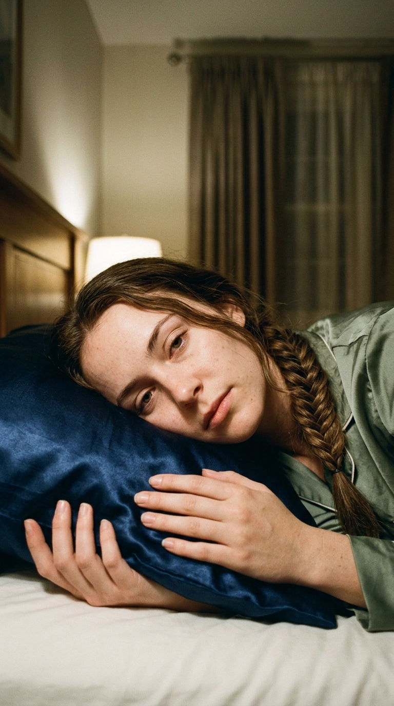 A luxury editorial shot of a woman with her hair in soft overnight braids, lying on a silk pillowcase. Photorealistic, 9:16 ratio, Nano Banana style, shot on 35mm lens, moody soft bedroom lighting, highly detailed.