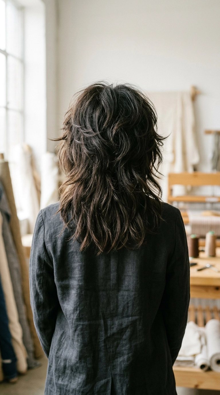 A 9:16 editorial shot from behind the woman, showing the back of the wolf cut with incredible volume at the crown. The hair is textured and airy. Shot on 35mm lens, photorealistic, soft natural light, Nano Banana style.