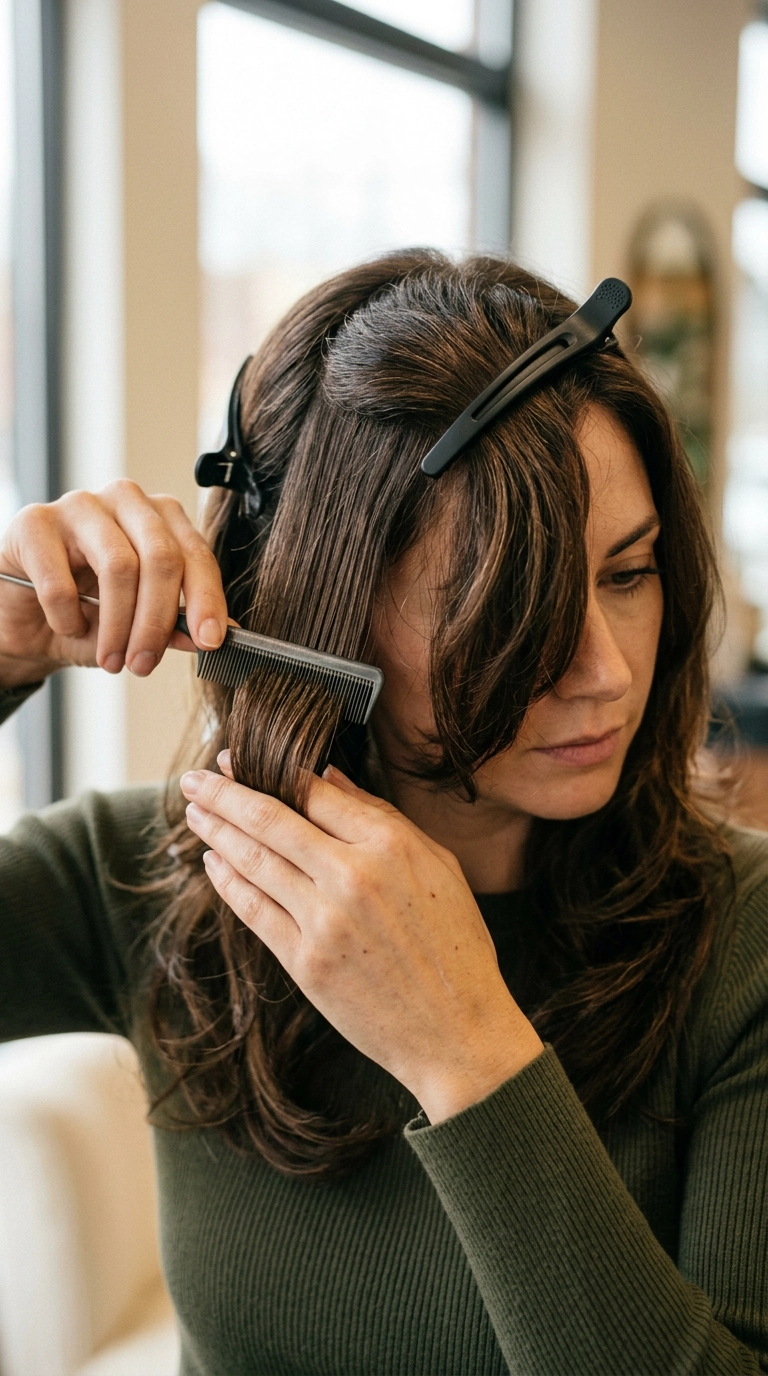 A 9:16 close-up editorial shot of a woman's hands sectioning her dark, layered hair with professional clips. The focus is on the texture of the hair and the elegant movement of the hands. Photorealistic, 35mm lens, soft lighting, highly detailed skin and hair strands, Nano Banana style.