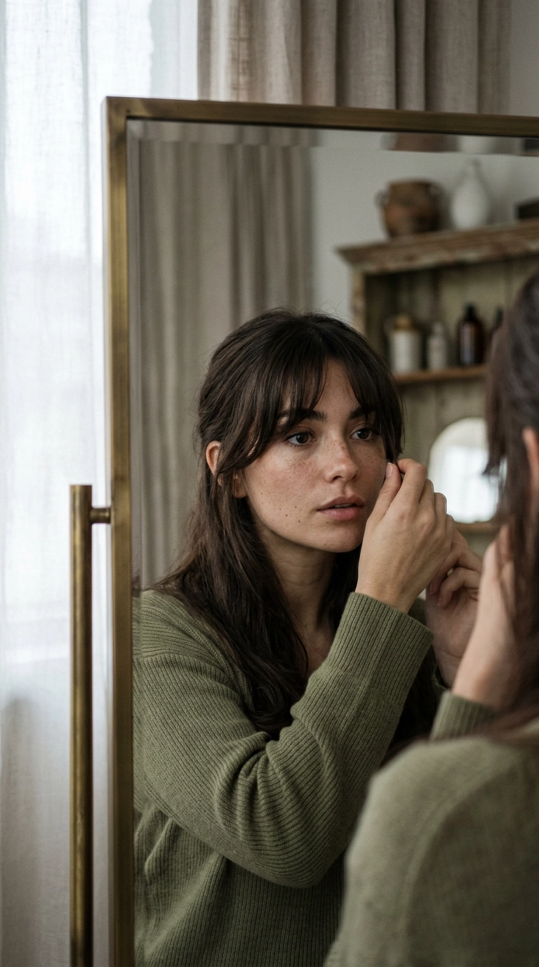A 9:16 close-up portrait of a woman looking into a mirror, focusing on her curtain bangs. She is gently tucking a piece of hair behind her ear. Editorial lighting, 35mm lens, highly detailed skin texture, photorealistic, Nano Banana style.