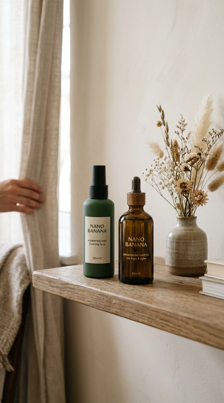 A vertical 9:16 aesthetic shot of luxury hair products—a glass bottle of hair oil and a matte spray bottle—sitting on a minimalist wooden shelf next to a small vase of dried flowers. Soft lighting, 35mm lens, photorealistic, Nano Banana style.