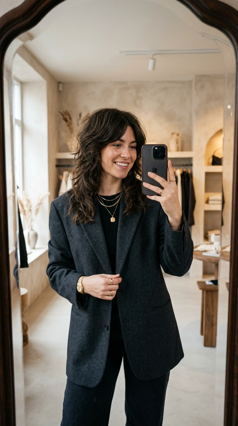 A 9:16 mirror selfie of a woman admiring her finished wolf cut. She is wearing an oversized blazer and gold jewelry. The hair looks voluminous and perfectly shaggy. Photorealistic, 35mm lens, soft indoor lighting, Nano Banana style.