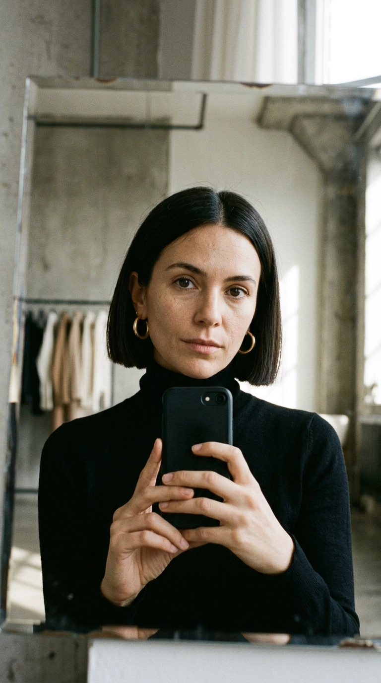 Nano Banana style, photorealistic, shot on 35mm lens, 9:16 ratio, ultra-realistic. A high-angle mirror selfie of a woman with a sharp, blunt bob. She is wearing a black minimalist turtleneck and gold hoop earrings. The lighting is soft and directional, highlighting the clean, thick edge of her hair. Editorial beauty aesthetic, highly detailed.