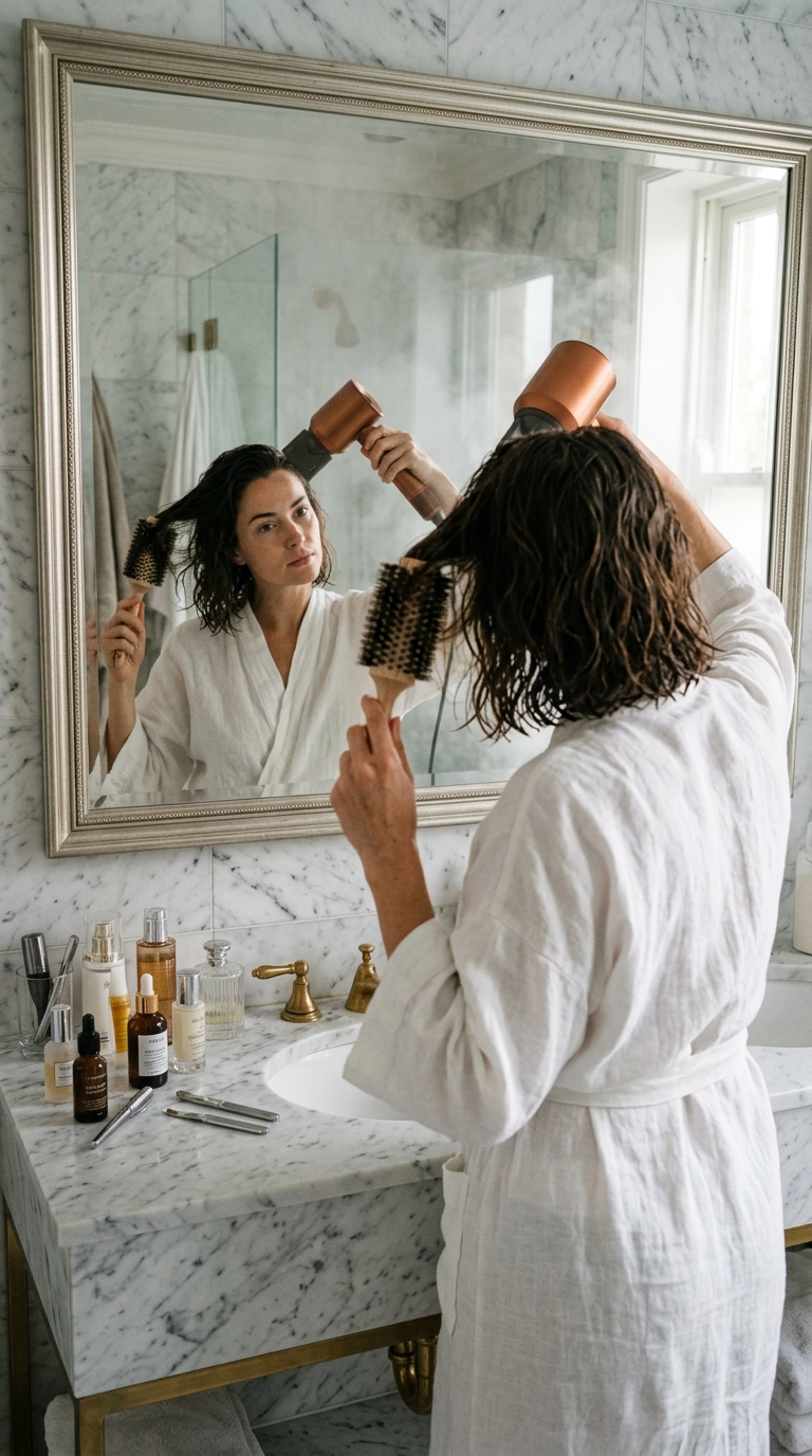 Nano Banana style, photorealistic, shot on 35mm lens, 9:16 ratio, ultra-realistic. A woman in a white linen robe looking into a marble bathroom mirror. She is using a large round brush and a high-end hair dryer to style her bob. Soft, flattering lighting, steam in the air, authentic skin texture, editorial beauty shot.