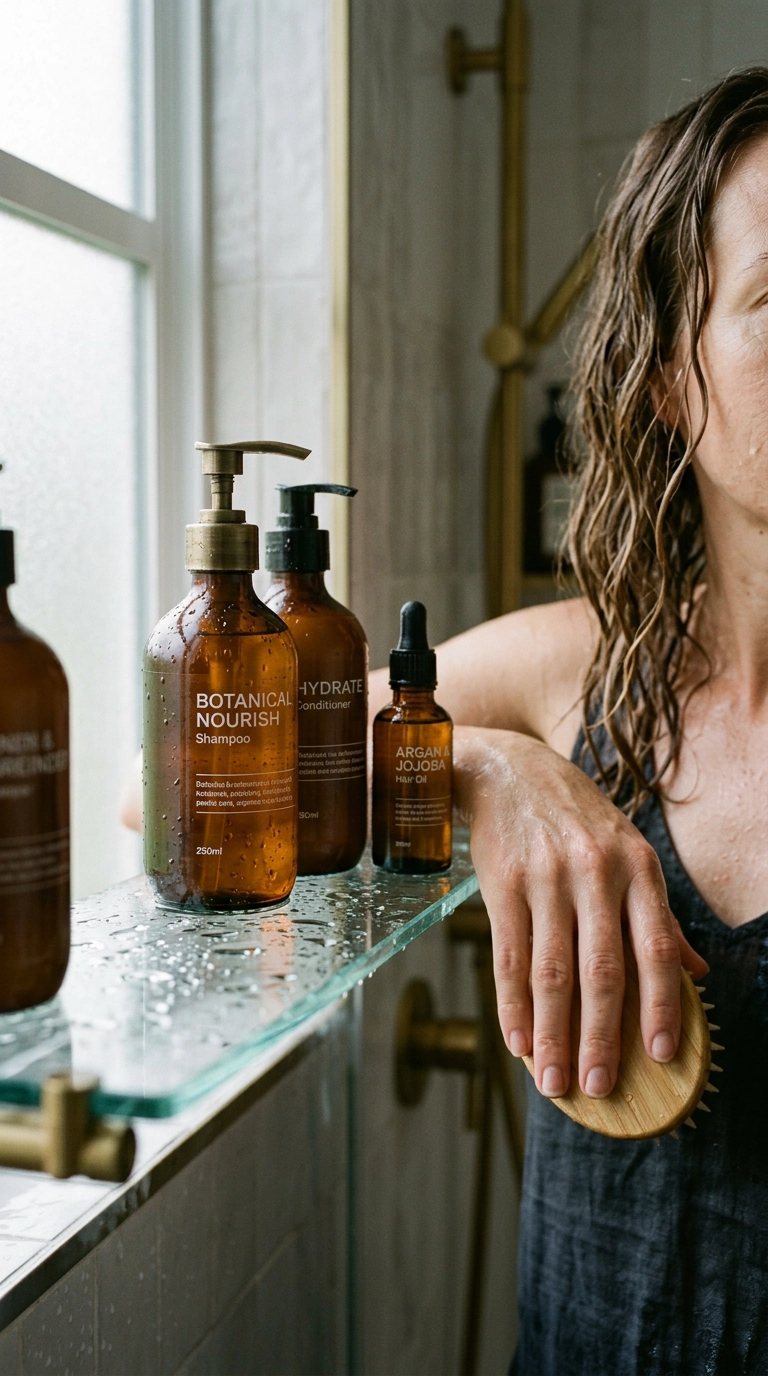 Nano Banana style, photorealistic, shot on 35mm lens, 9:16 ratio, ultra-realistic. Close-up editorial shot of a glass shower shelf with luxury amber-colored hair care bottles. Water droplets on the glass, soft natural light from a window, muted tones, 35mm lens, highly detailed textures.