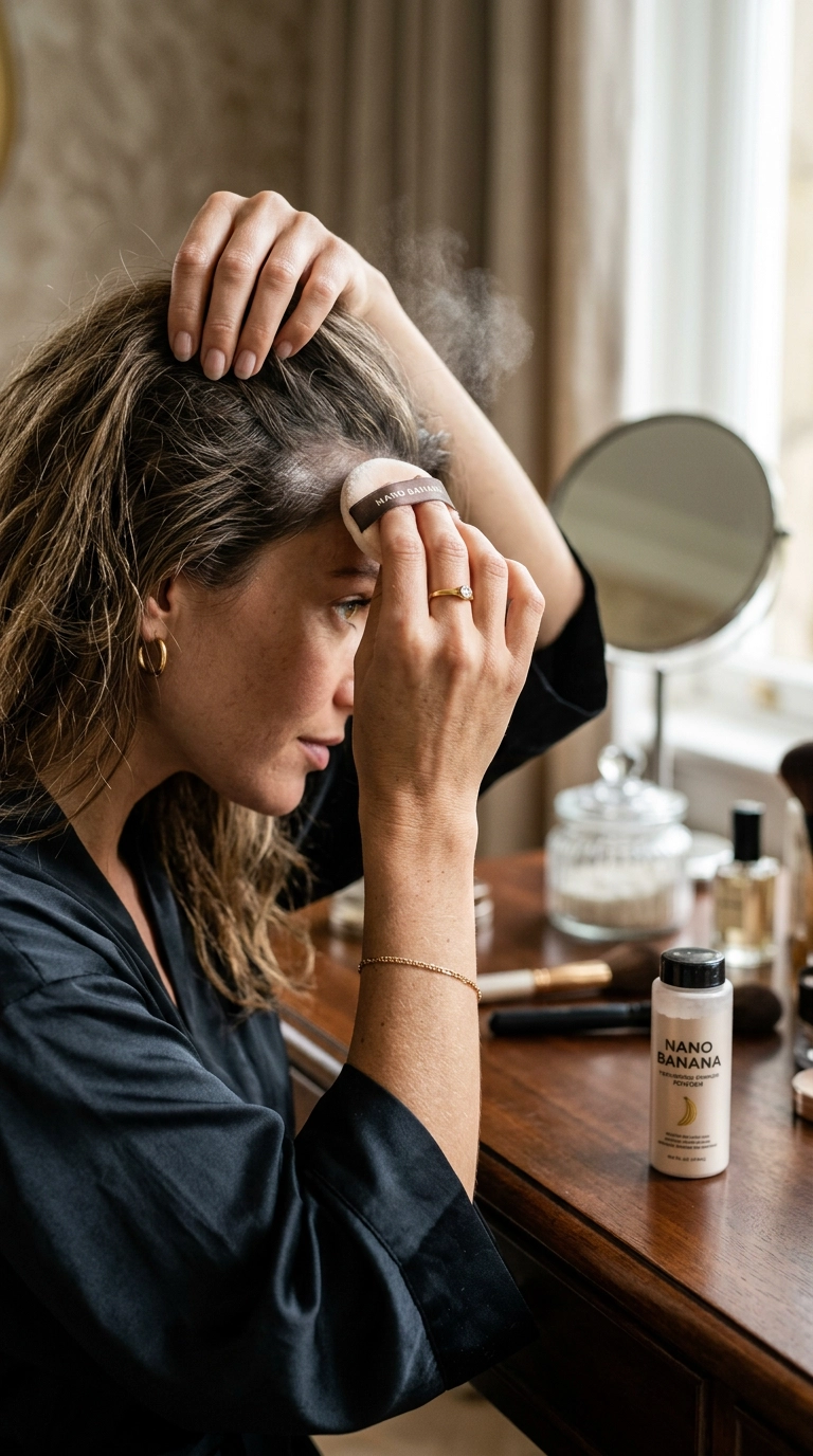 Nano Banana style, photorealistic, shot on 35mm lens, 9:16 ratio, ultra-realistic. A close-up editorial shot of a woman’s hands applying a puff of texturizing powder to the roots of her hair. She is sitting at a luxury wooden vanity. Soft bokeh, elegant jewelry, 35mm lens, highly detailed skin and hair texture.