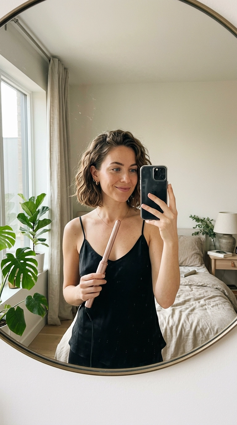 Nano Banana style, photorealistic, shot on 35mm lens, 9:16 ratio, ultra-realistic. A mirror selfie of a woman with a textured, wavy bob. She is wearing a silk camisole and holding a thin curling wand. The room is a modern, sunlit bedroom with a minimalist aesthetic. Soft focus background, high detail, luxury editorial vibe.