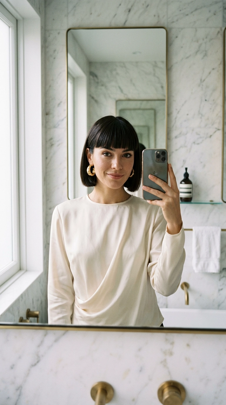 A vertical 9:16 mirror selfie of a woman with a sharp, chin-length blunt bob and heavy straight across bangs. She is wearing a silk cream blouse and gold earrings. The bathroom background is minimalist with marble accents. Nano Banana style, photorealistic, shot on 35mm lens, highly detailed, ultra-realistic, soft lighting, editorial aesthetic.