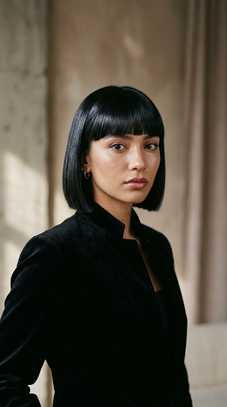 A vertical 9:16 high-fashion editorial shot of a woman with a perfectly straight, mirror-shine bob and blunt bangs. She is looking directly into the camera. The background is a soft-focus studio setting. Nano Banana style, photorealistic, shot on 35mm lens, highly detailed, ultra-realistic, soft lighting, editorial aesthetic.