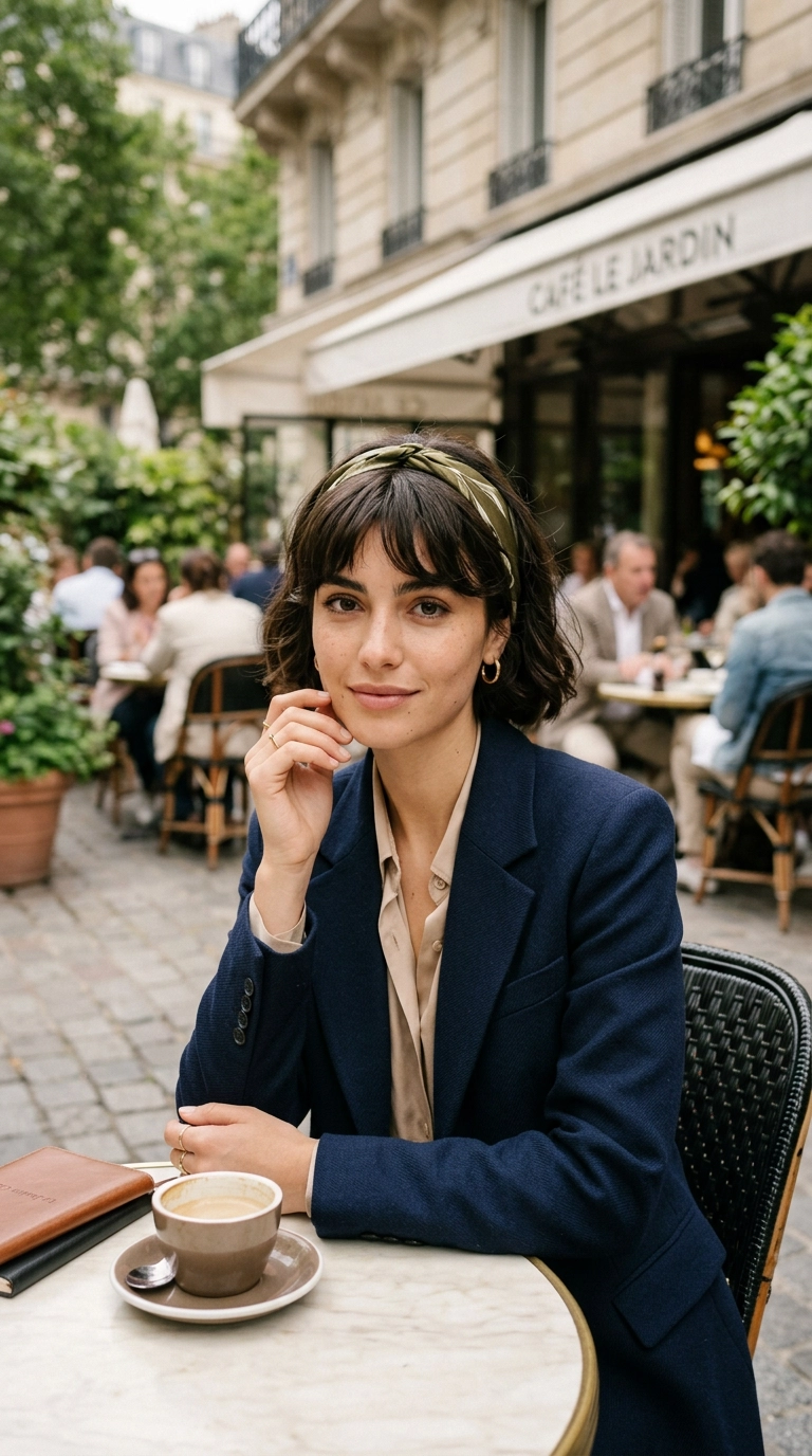 A vertical 9:16 editorial beauty shot of a woman with a bob and bangs wearing a silk headband. She is dressed in a structured blazer. The setting is an upscale outdoor cafe. Nano Banana style, photorealistic, shot on 35mm lens, highly detailed, ultra-realistic, soft lighting, editorial aesthetic.