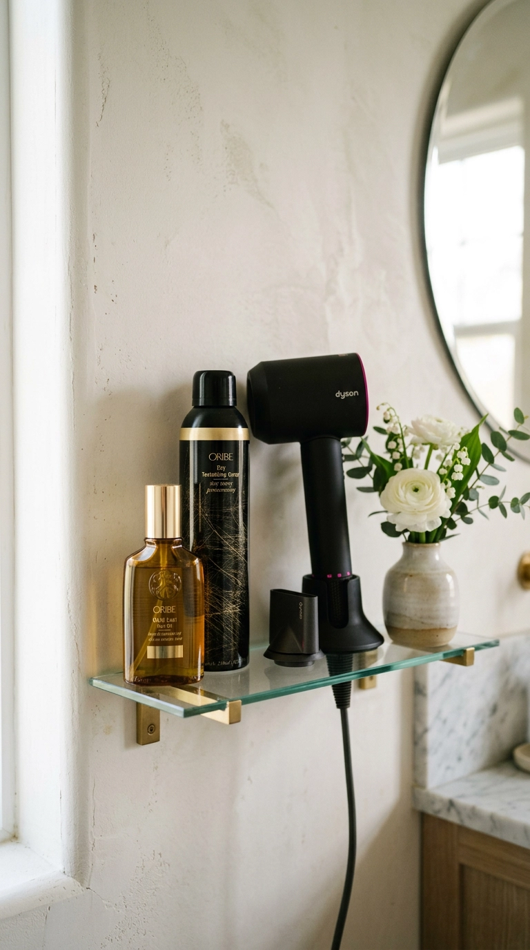A vertical 9:16 aesthetic "shelfie" showing luxury hair care products on a glass shelf. There is a bottle of hair oil, a texturizing spray, and a high-end hair dryer. A small vase of white flowers is next to them. Nano Banana style, photorealistic, shot on 35mm lens, highly detailed, ultra-realistic, soft lighting, editorial aesthetic.