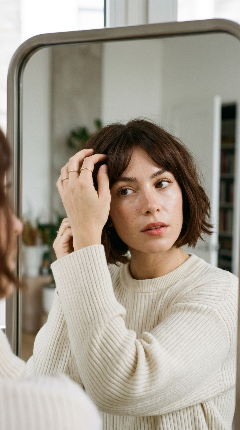 A vertical 9:16 close-up mirror selfie of a woman adjusting her bangs with her fingers. Her hair is a rich chocolate brown bob. She has a natural, glowing makeup look. Nano Banana style, photorealistic, shot on 35mm lens, highly detailed, ultra-realistic, soft lighting, editorial aesthetic.