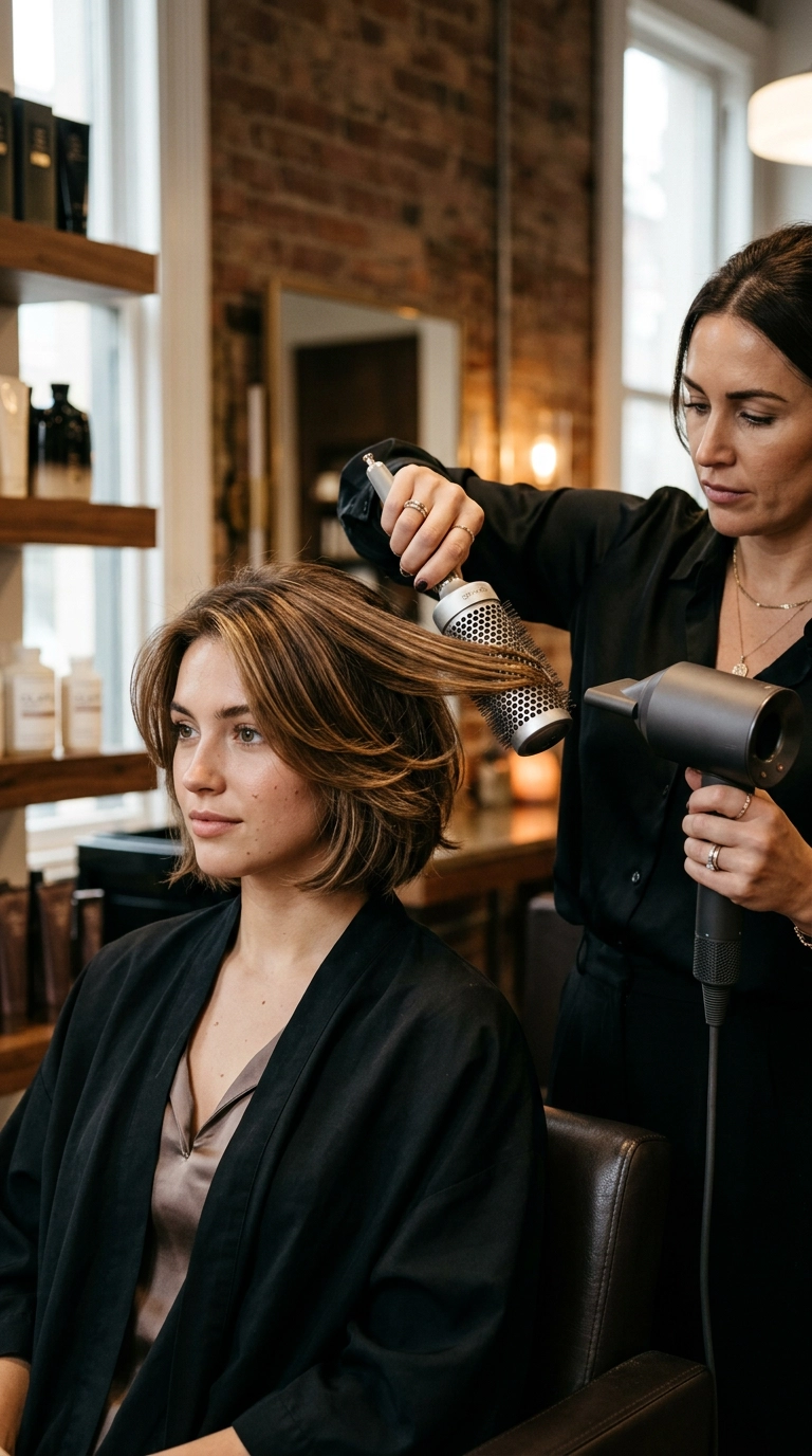 A luxury editorial shot, 9:16 ratio, a stylist using a professional round brush on a model with a layered bob, soft warm lighting, Nano Banana style, shot on 35mm lens, focus on the texture of the hair strands, photorealistic, sophisticated salon setting.