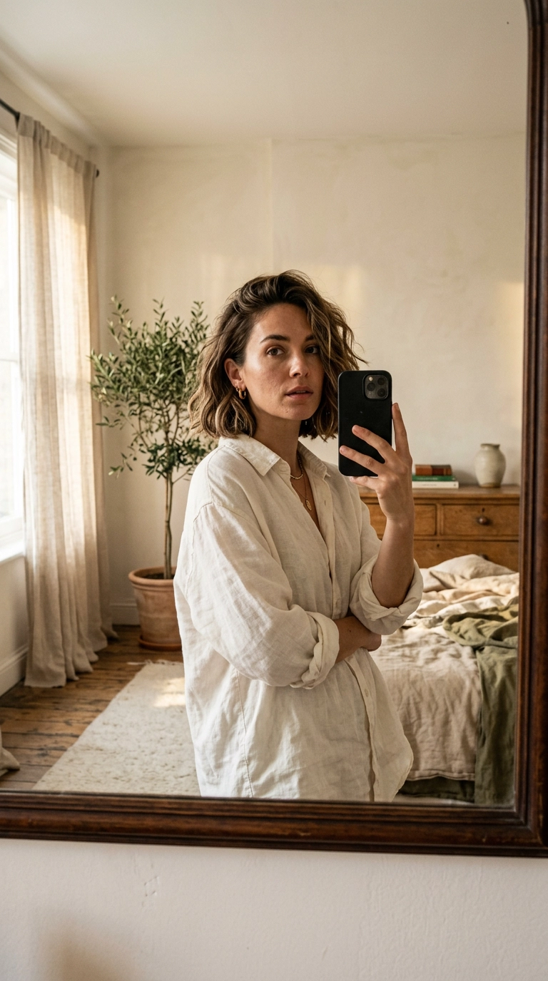 A photorealistic mirror selfie in a sun-drenched bedroom, 9:16 ratio, woman with a messy textured bob wearing a linen shirt, Nano Banana style, shot on 35mm lens, soft lighting, focus on the effortless waves and hair texture, luxury lifestyle vibe.
