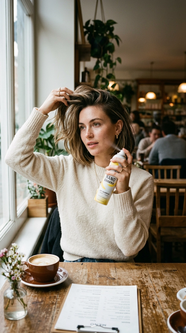 A photorealistic luxury editorial, 9:16 ratio, a woman in a stylish coffee shop applying dry shampoo to her bob, Nano Banana style, shot on 35mm lens, soft natural lighting, candid moment, realistic hair texture.
