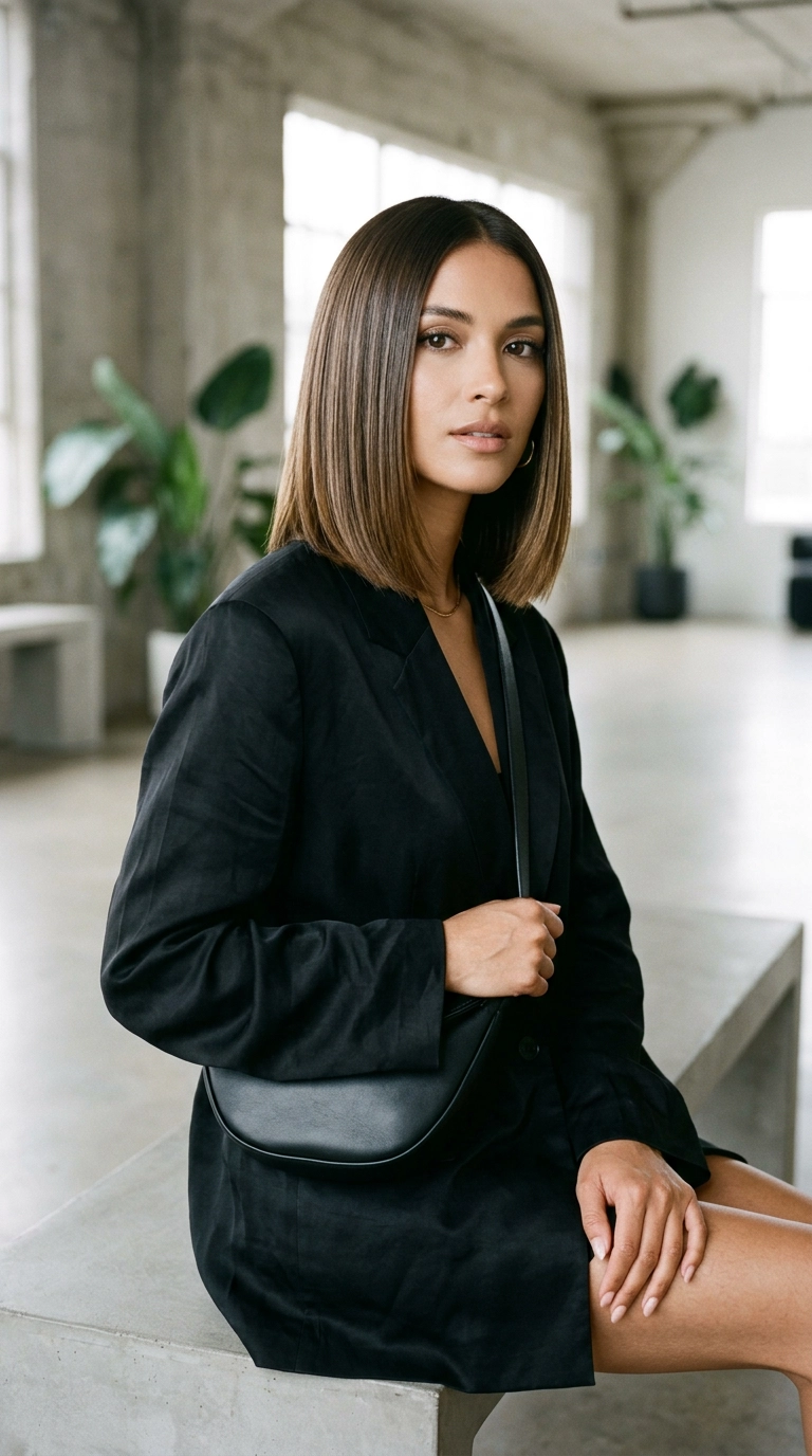 A luxury editorial shot, 9:16 ratio, a woman with a perfectly straight, glass-like layered bob, wearing a black silk blazer, Nano Banana style, shot on 35mm lens, sharp focus, high-fashion aesthetic, neutral studio background.