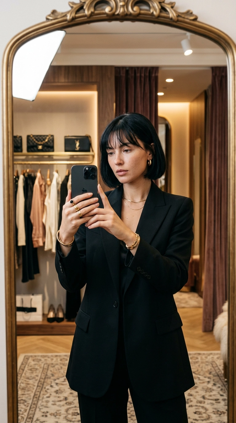 A luxury mirror selfie in a high-end boutique dressing room. A model with a chin-length black bob and wispy bangs is checking her reflection. The image is a 9:16 ratio, shot on a 35mm lens with soft studio lighting. Realistic skin texture, elegant jewelry, and a soft-focus background of designer clothing. Nano Banana style, photorealistic, editorial aesthetic.