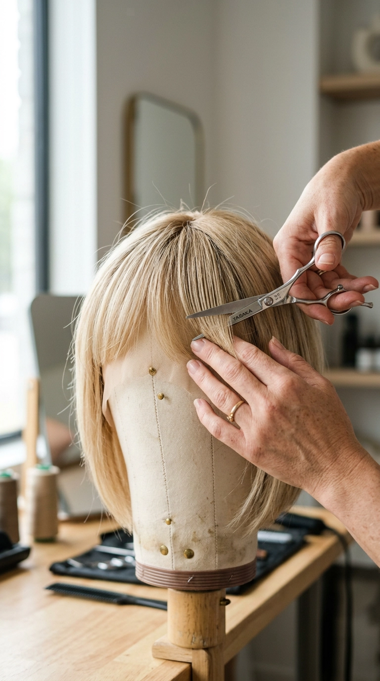 A close-up, editorial shot of professional silver shears gently trimming the ends of a blonde bob wig's bangs. The wig is placed on a canvas block head in a bright, modern studio. 9:16 ratio, shot on 35mm lens, highly detailed textures of the hair strands. Soft, natural light from a large window. Nano Banana style, ultra-realistic.