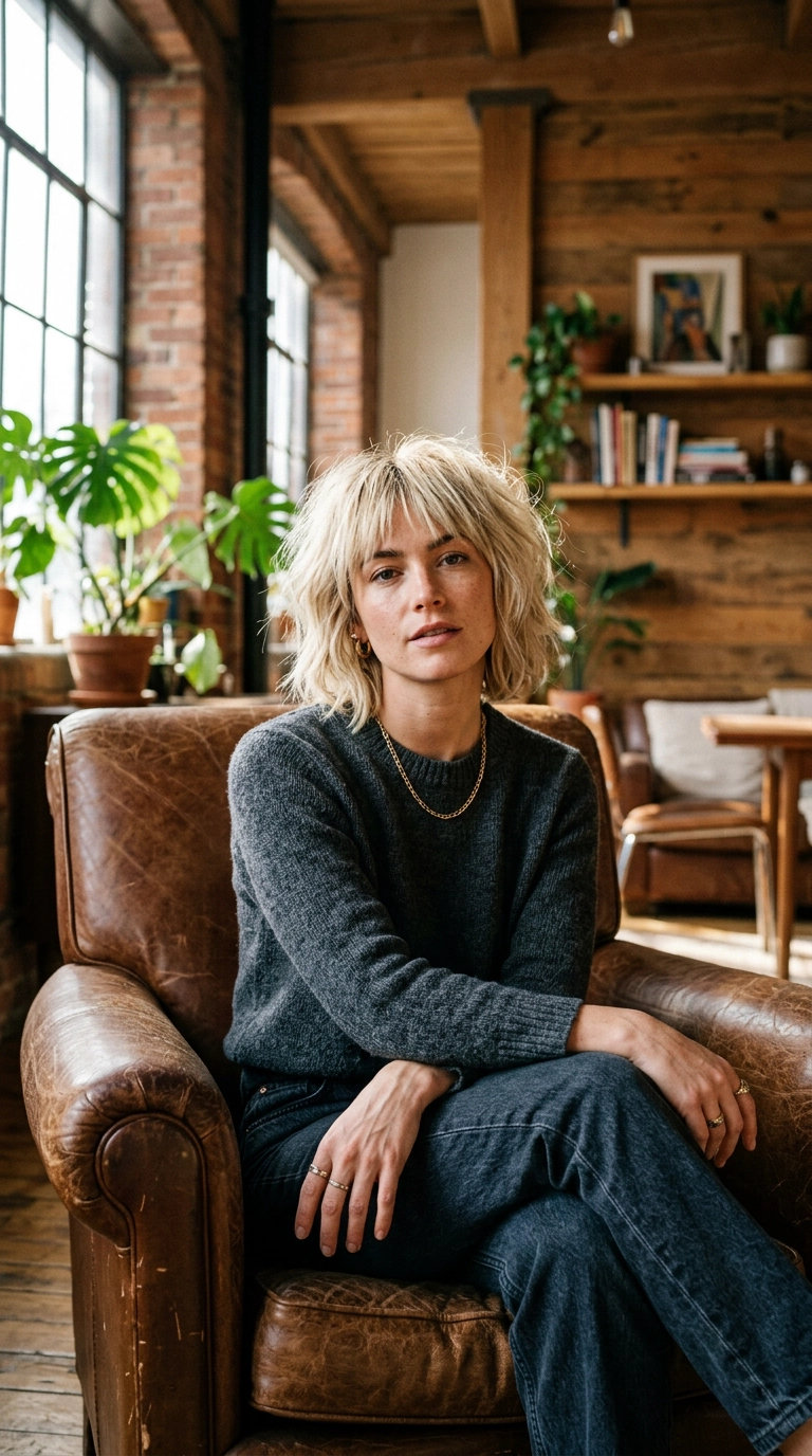 An editorial fashion shot of a woman with a messy, textured blonde bob and choppy bangs. She is sitting in a vintage leather chair in a loft-style apartment. 9:16 ratio, 35mm lens, soft morning light. The hair has visible separation and "lived-in" texture. Photorealistic, Nano Banana style, highly detailed.