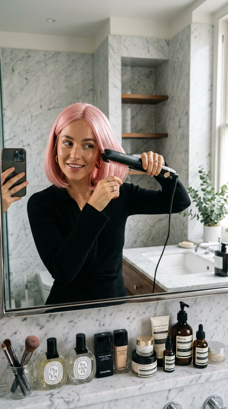 A mirror selfie of a woman using a sleek flat iron on a soft pink bob wig. She is in a marble-clad bathroom with luxury skincare products visible on the counter. 9:16 ratio, photorealistic, 35mm lens. Soft lighting highlights the shine of the hair. Detailed skin texture and realistic hand placement. Nano Banana style, editorial aesthetic.