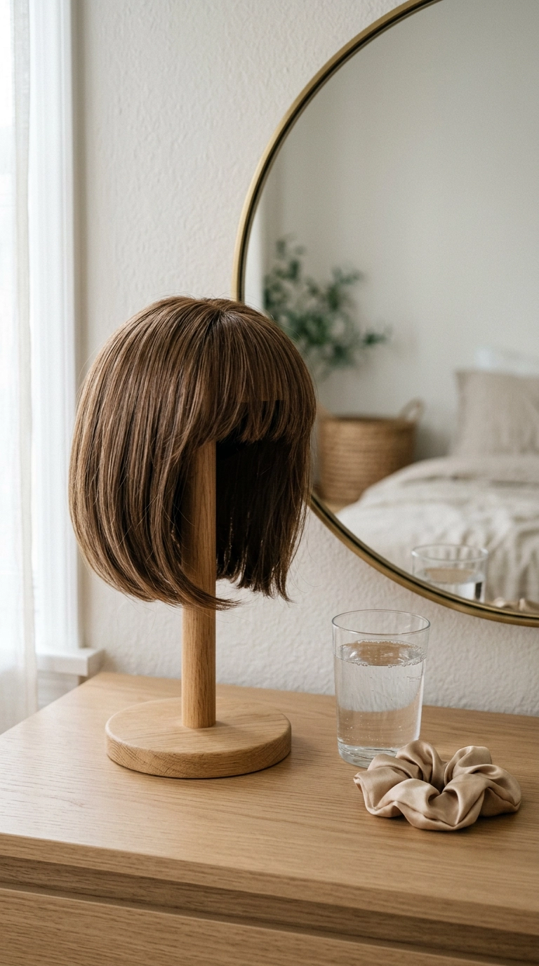 A serene, high-end vanity setup showing a bob wig with bangs resting on a minimalist wooden stand. A glass of water and a silk scrunchie are nearby. 9:16 ratio, shot on 35mm lens, soft natural lighting. Ultra-realistic textures, clean aesthetic, no text. Nano Banana style.