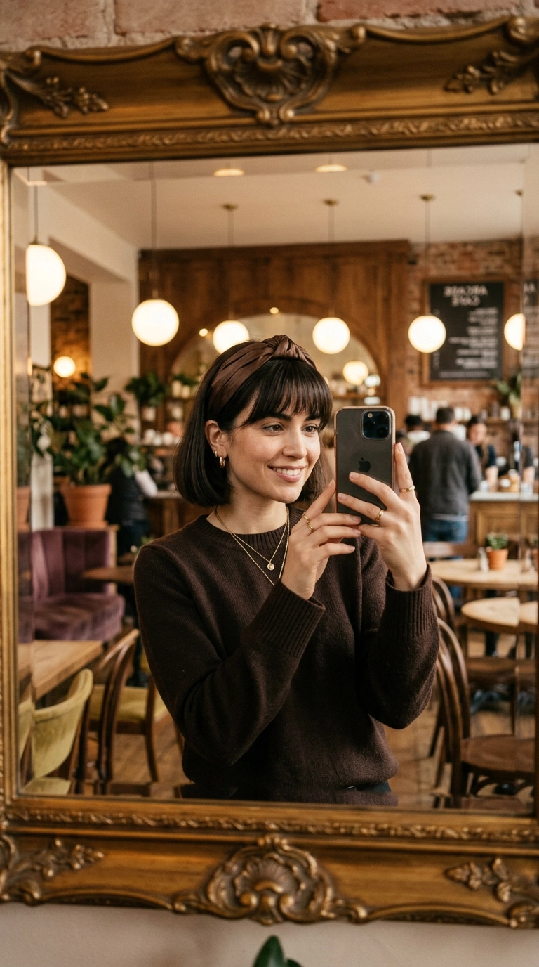 A luxury mirror selfie featuring a woman wearing a dark espresso bob with bangs, adorned with a wide silk headband. She is in an aesthetic cafe with warm lighting. 9:16 ratio, 35mm lens, photorealistic. Detailed reflection, soft bokeh background, and natural skin tones. Nano Banana style, editorial aesthetic.