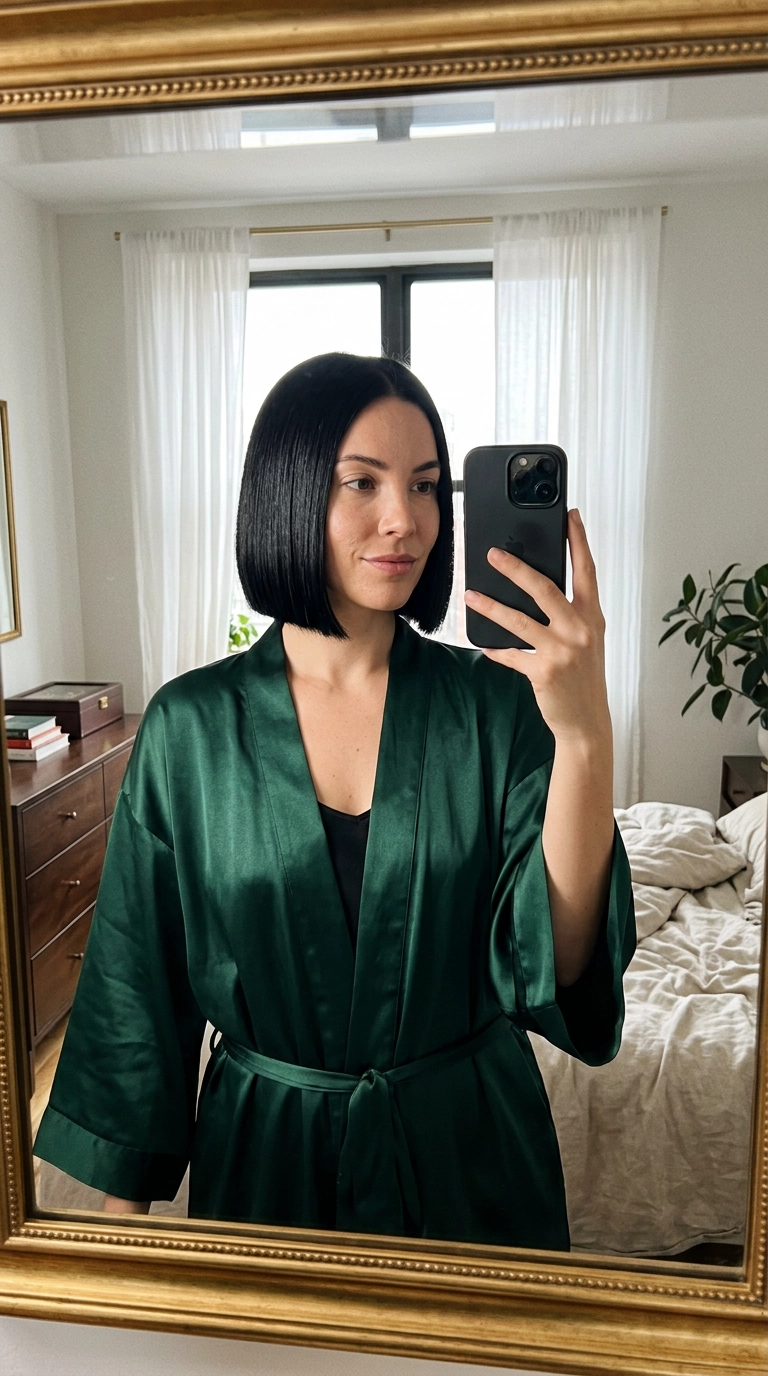 A 9:16 ratio photorealistic mirror selfie of a woman in a silk robe, showcasing a perfectly straight, glossy black bob. The lighting is soft and flattering, emphasizing the reflective shine of the hair. Nano Banana style, shot on 35mm lens, highly detailed, ultra-realistic, editorial aesthetic.