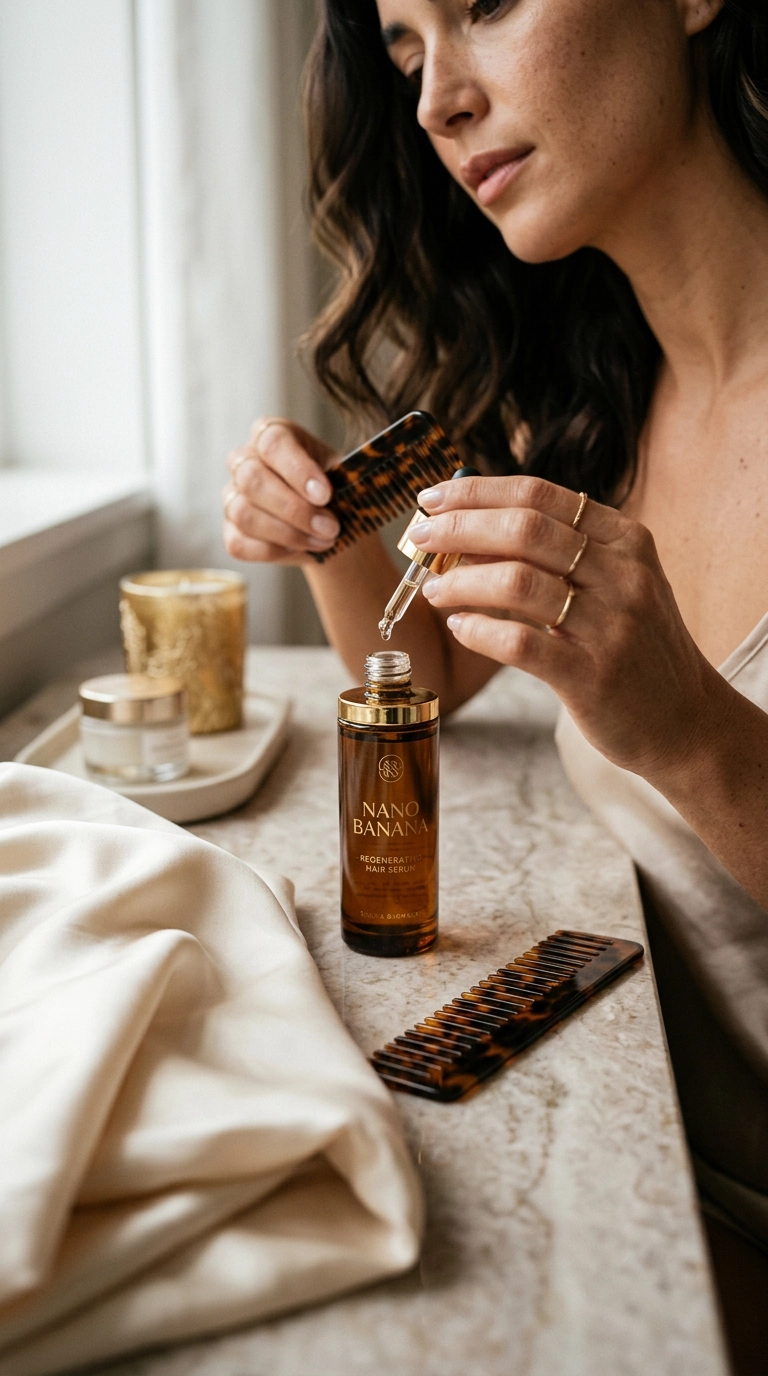 A 9:16 ratio photorealistic close-up of a luxury vanity setup. A satin pillowcase is visible next to a bottle of high-end hair serum and a wide-tooth comb. Nano Banana style, shot on 35mm lens, highly detailed, ultra-realistic, soft lighting, editorial aesthetic.