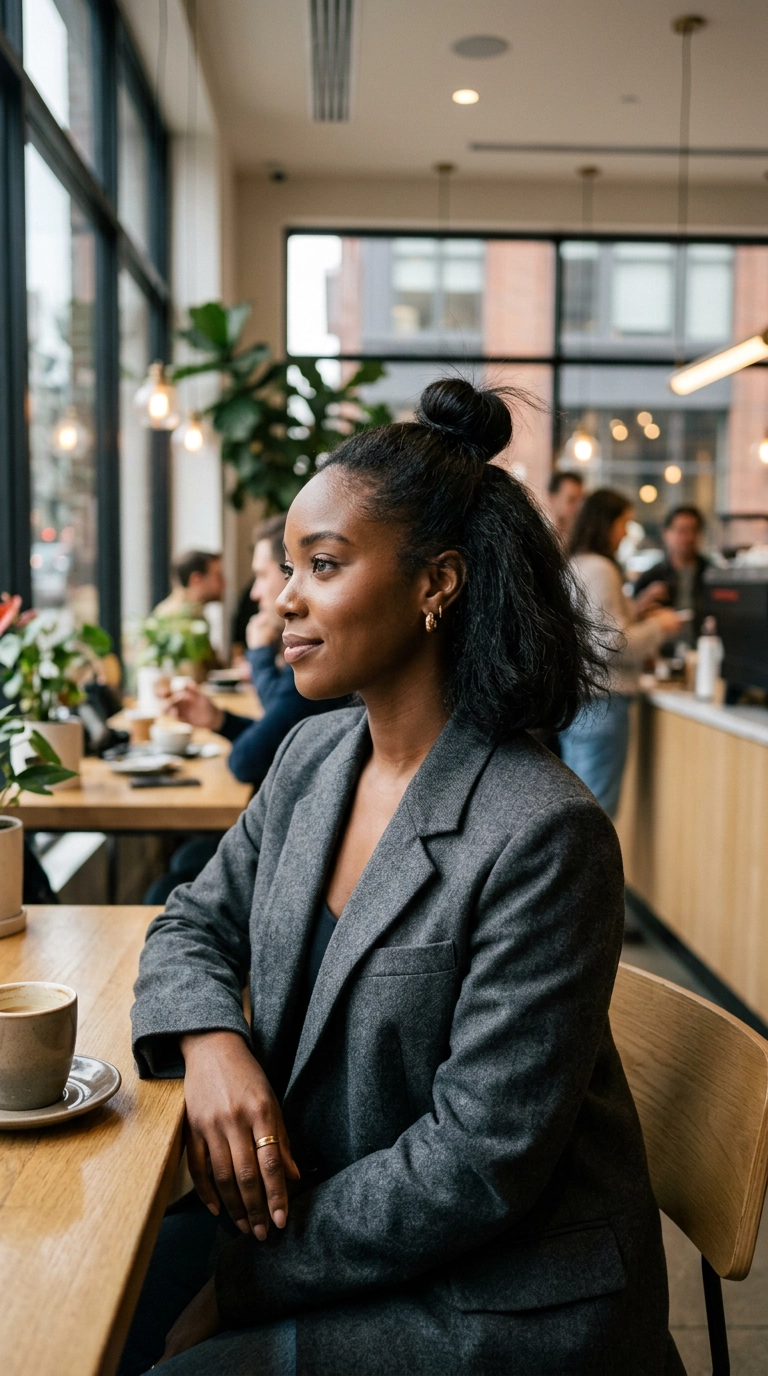 A 9:16 ratio photorealistic shot of a woman seen from the side, wearing a chic half-up top knot with her bob weave. She is wearing a structured blazer in a modern cafe setting. Nano Banana style, shot on 35mm lens, highly detailed, ultra-realistic, soft lighting, editorial aesthetic.