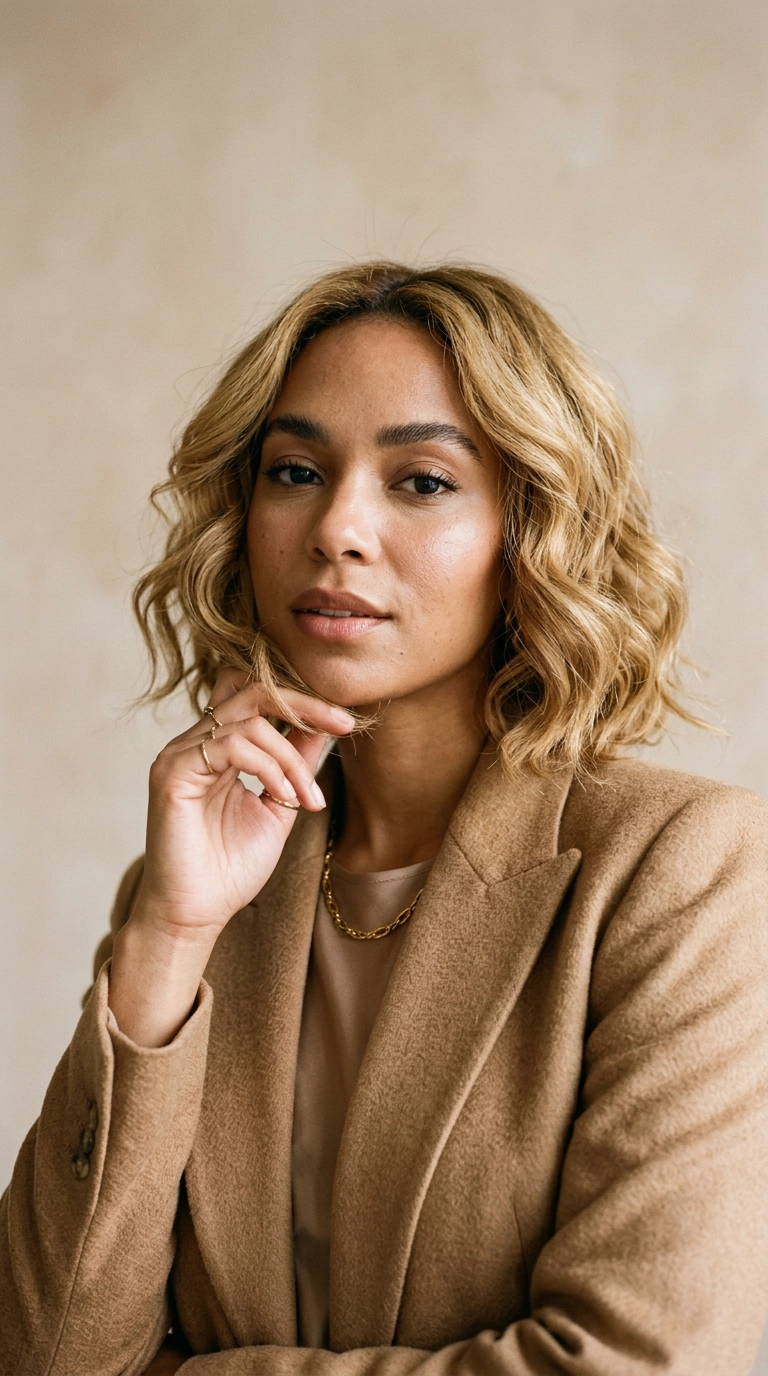 A 9:16 ratio luxury editorial shot of a woman with a textured, honey-blonde bob weave, posing against a soft beige backdrop. The hair has loose, voluminous waves. Nano Banana style, shot on 35mm lens, highly detailed, ultra-realistic, soft lighting, editorial aesthetic.