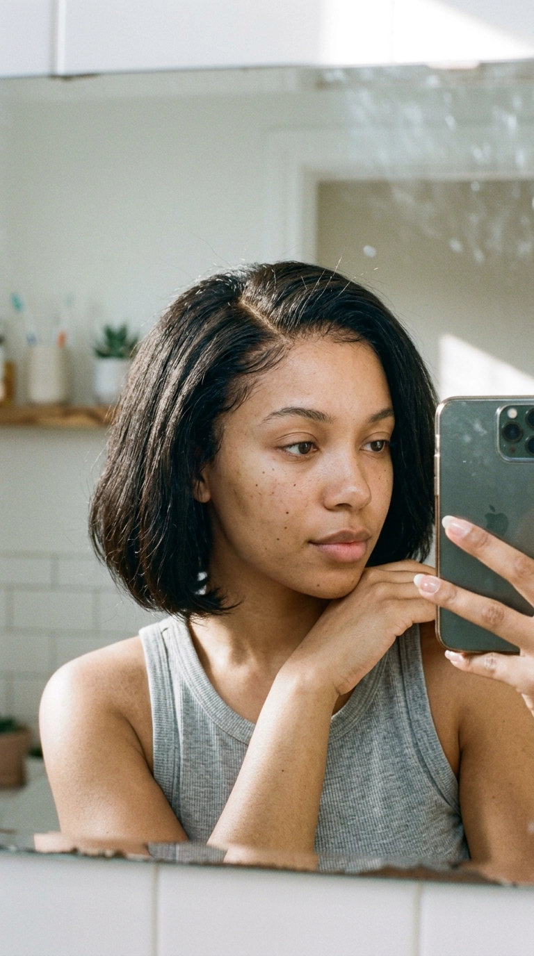 A 9:16 ratio mirror selfie showing a close-up of a woman's scalp where her natural hair blends into a bob weave. The blend is seamless and natural. Nano Banana style, shot on 35mm lens, highly detailed, ultra-realistic, soft lighting, editorial aesthetic.
