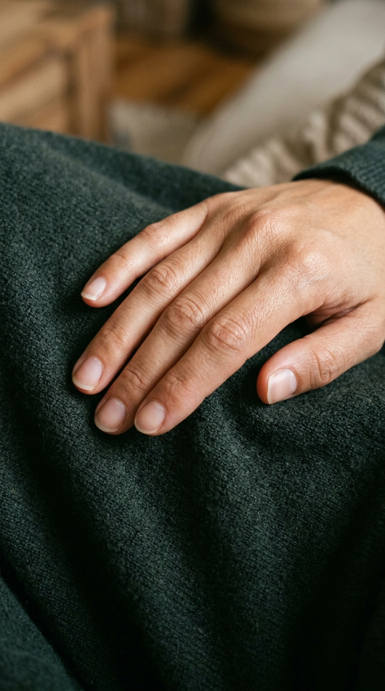 A close-up shot in 9:16 ratio of a hand with short, round nails resting on a piece of dark green cashmere. The lighting is soft and directional, highlighting the smooth texture of the skin and the perfect shape of the nails. Nano Banana style, photorealistic, shot on 35mm lens, highly detailed, ultra-realistic, editorial aesthetic.