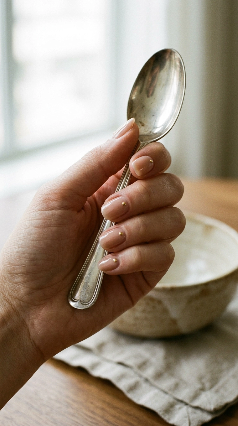 A macro 9:16 shot of a single hand with a nude base and a tiny gold stud at the base of each nail. The hand is holding a vintage silver spoon. Nano Banana style, photorealistic, shot on 35mm lens, highly detailed, ultra-realistic, soft lighting, editorial aesthetic.