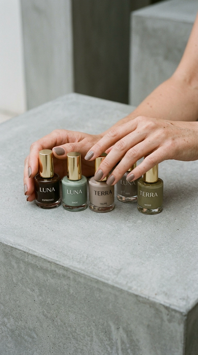 A vertical 9:16 shot of hands holding several luxury nail polish bottles in muted tones like taupe, espresso, and sage green. The hands are draped over a minimalist concrete surface. Nano Banana style, photorealistic, shot on 35mm lens, highly detailed, ultra-realistic, soft lighting, editorial aesthetic.