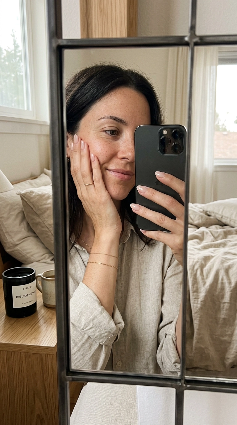 A 9:16 mirror selfie of a woman’s hand resting on her cheek, showing off a fresh manicure. In the background, a cozy bedroom with linen sheets and a designer candle. Nano Banana style, photorealistic, shot on 35mm lens, highly detailed, ultra-realistic, soft lighting, editorial aesthetic.