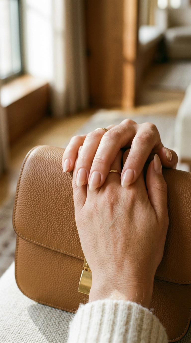 A close-up editorial shot of a woman's hand resting on a designer leather handbag. The nails are unpolished but perfectly shaped in an almond silhouette, showing natural texture and health. Photorealistic, shot on 35mm lens, soft morning light, 9:16 ratio, Nano Banana style.
