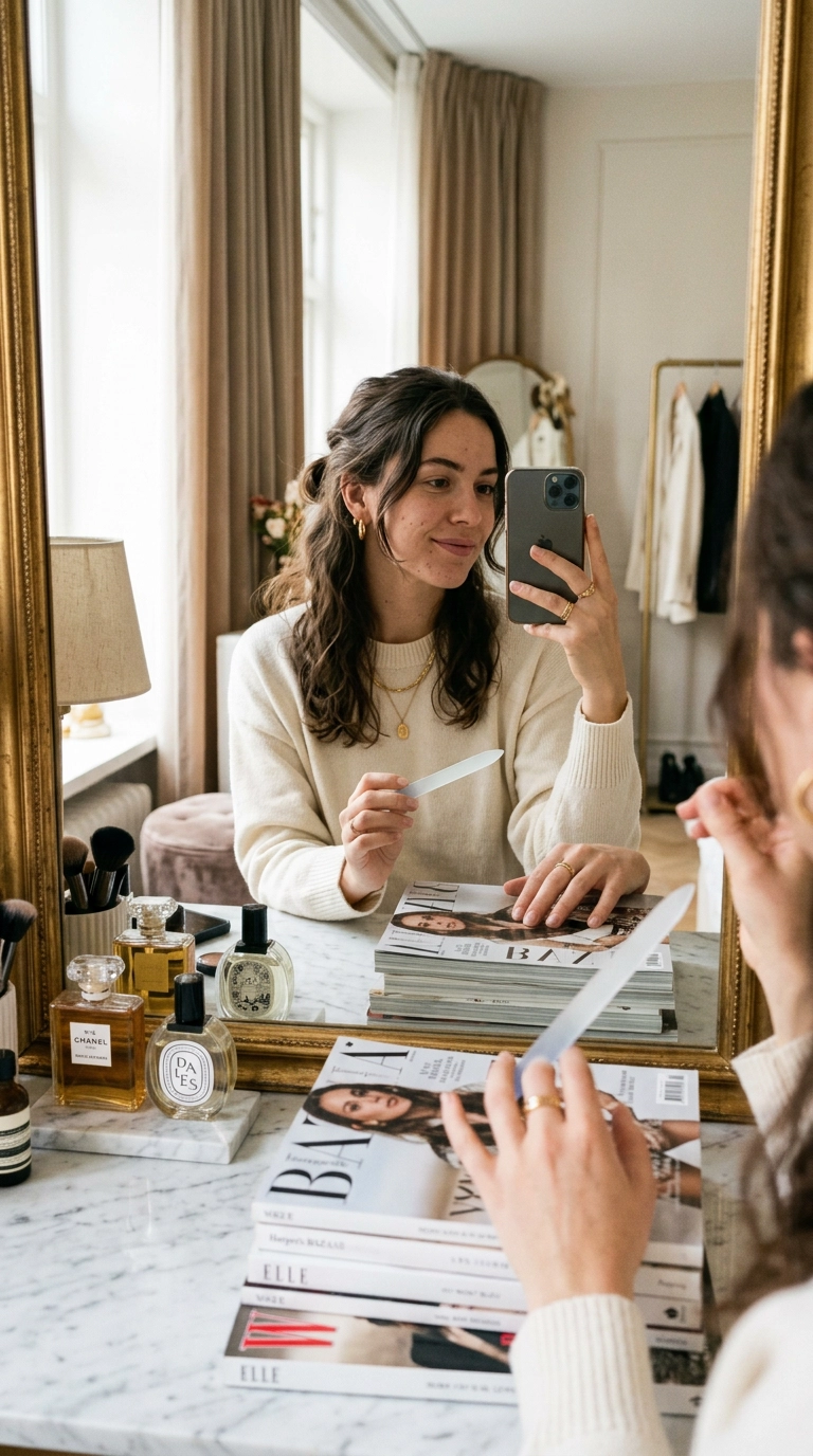 A 9:16 mirror selfie of a woman sitting at a marble vanity. She is holding a sleek glass nail file, and her other hand is resting on a stack of high-end fashion magazines. The scene is shot on a 35mm lens, photorealistic, editorial aesthetic, soft lighting, Nano Banana style, highly detailed.