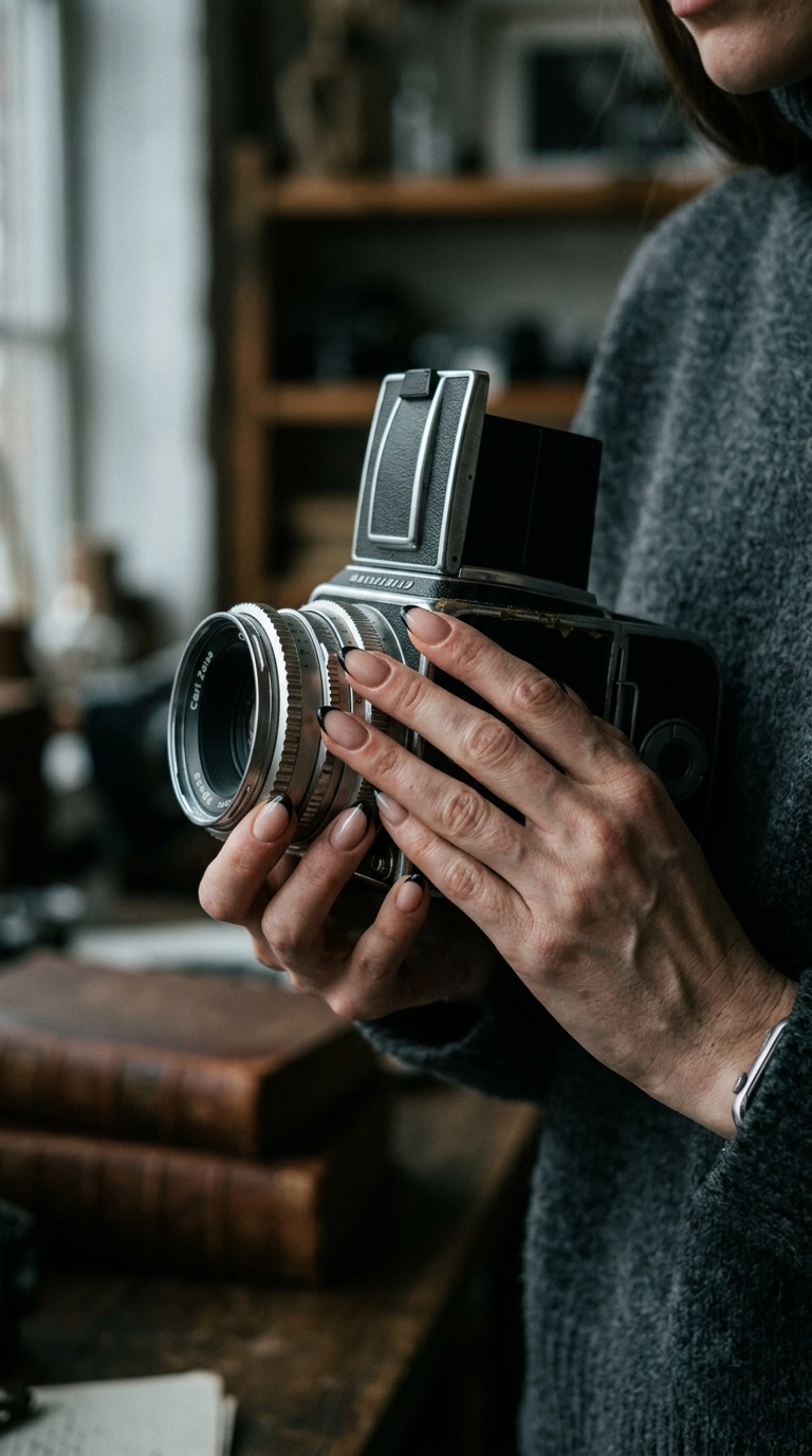 A photorealistic editorial shot of hands holding a vintage camera. The nails are styled with a modern micro-French tip on an almond shape. The lighting is moody and artistic. 9:16 ratio, shot on 35mm lens, highly detailed, Nano Banana style.