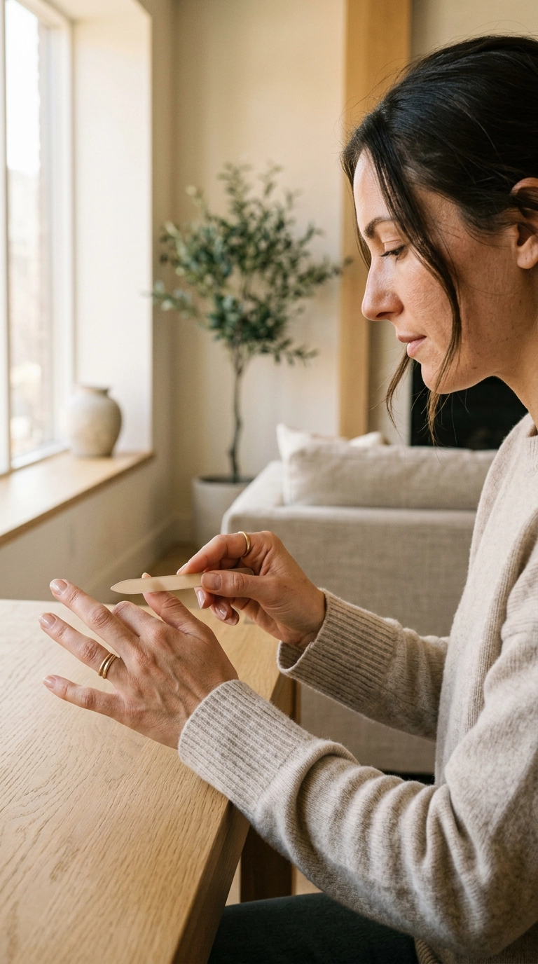 A 9:16 luxury editorial shot. A woman is seen from a side profile, focusing on her hands as she carefully files a nail. She is wearing a soft cashmere sweater. The environment is a sun-drenched minimalist living room. Photorealistic, 35mm lens, ultra-realistic skin texture, Nano Banana style.