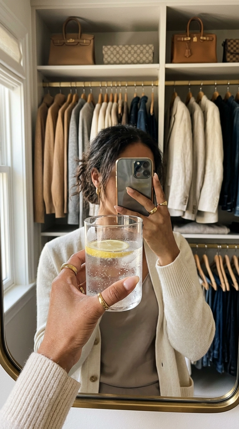 A 9:16 mirror selfie showing a woman’s hand holding a glass of sparkling water. Her almond nails are finished with a sheer nude polish. The background shows a high-end closet with neutral-toned clothing. Photorealistic, editorial aesthetic, 35mm lens, soft lighting, Nano Banana style.