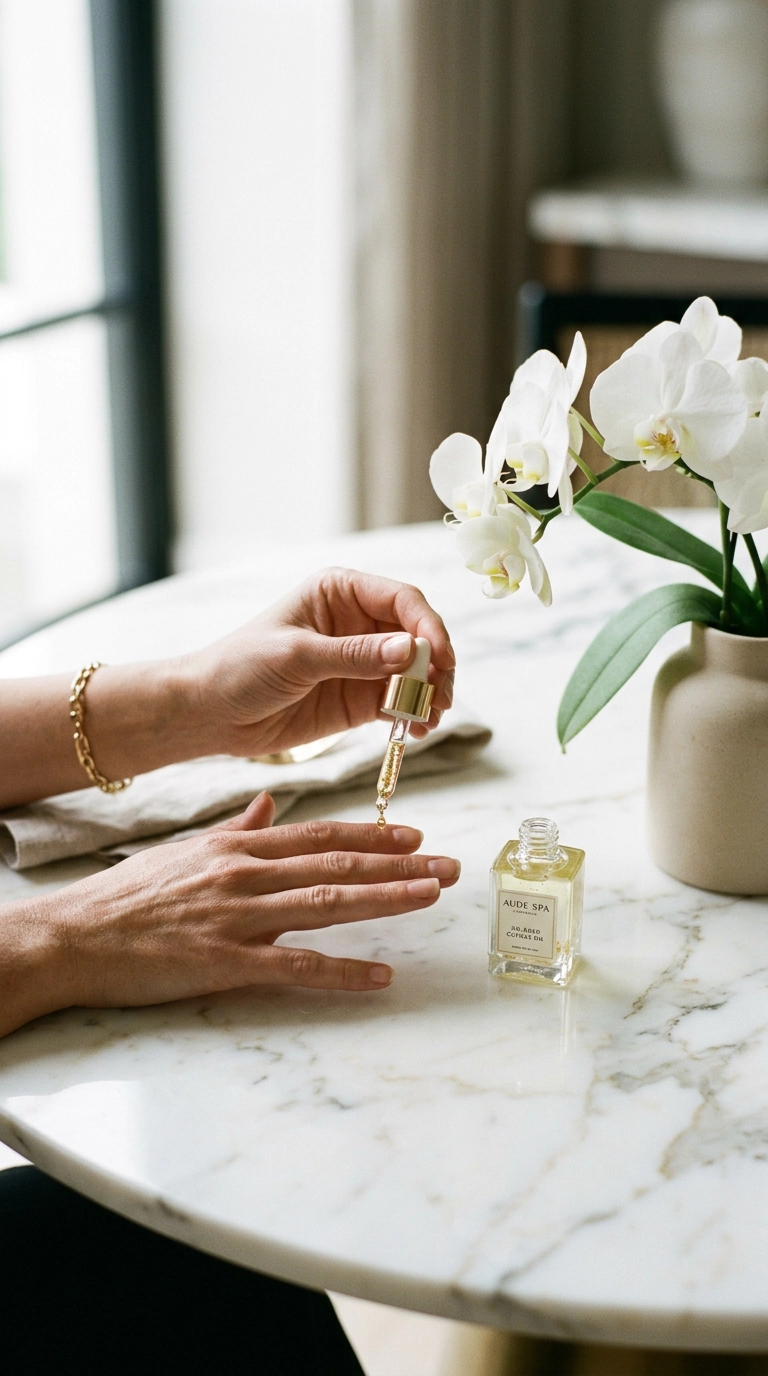 A luxury editorial scene featuring a woman’s hands resting on a marble tabletop next to an orchid. She is applying a drop of gold-flecked oil to her cuticles. 9:16 ratio, photorealistic, 35mm lens, soft lighting, editorial aesthetic, Nano Banana style.